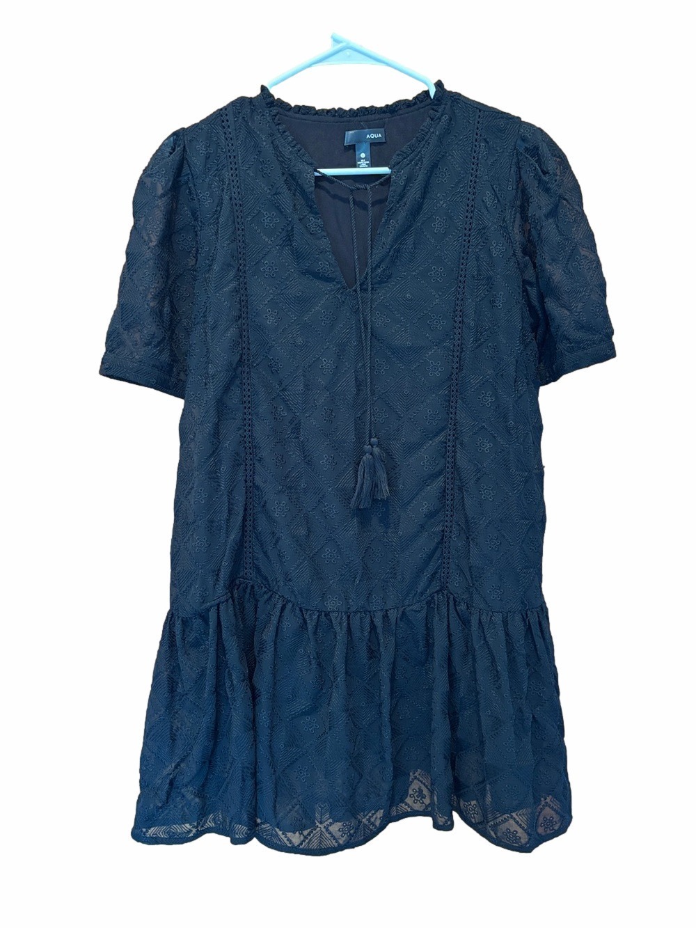 Aqua Black Eyelet Embroidered Boho Tiered Ruffle Mini Dress Size Small